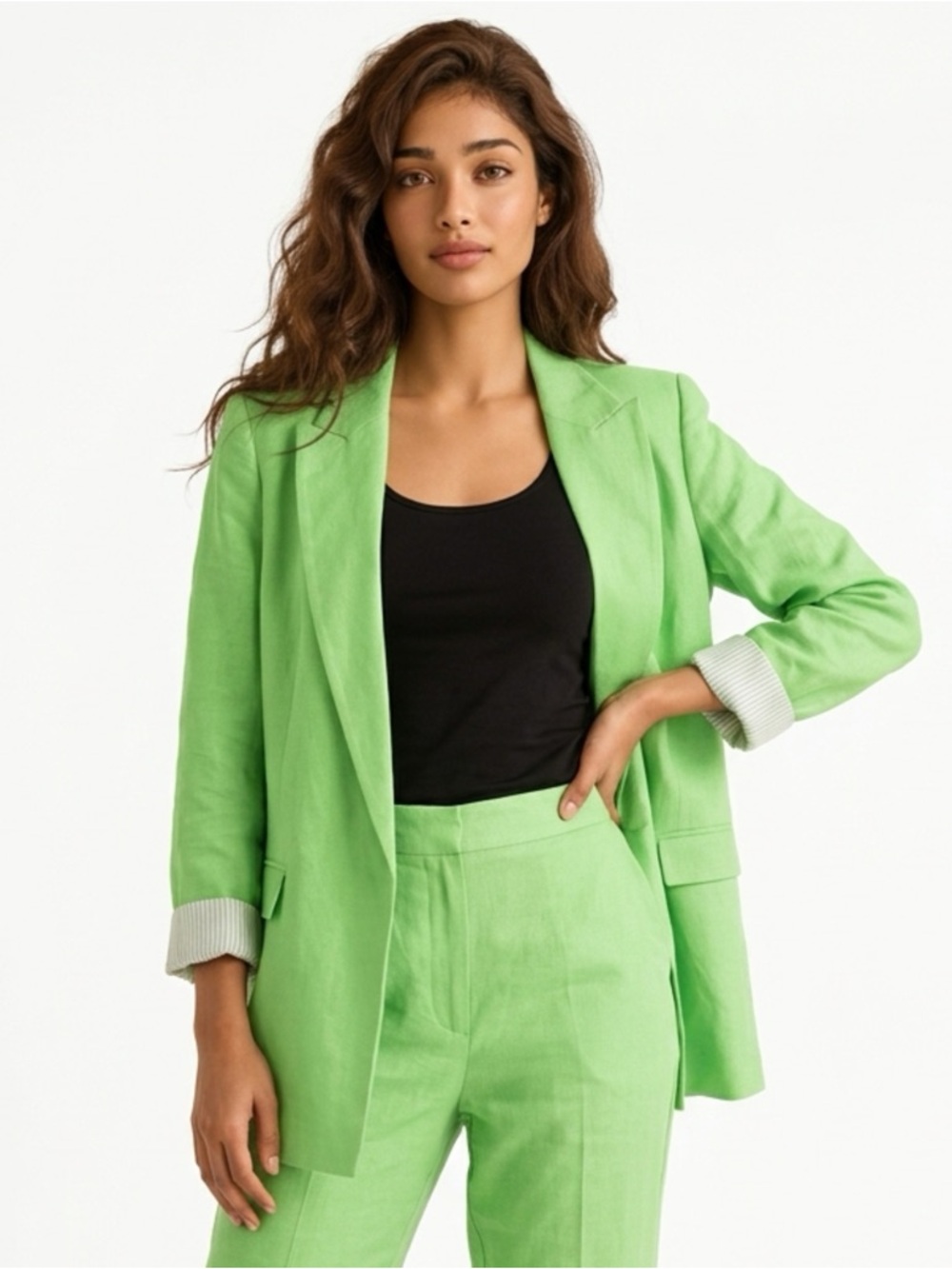 Zara Bright Green Linen-Blend Blazer Jacket